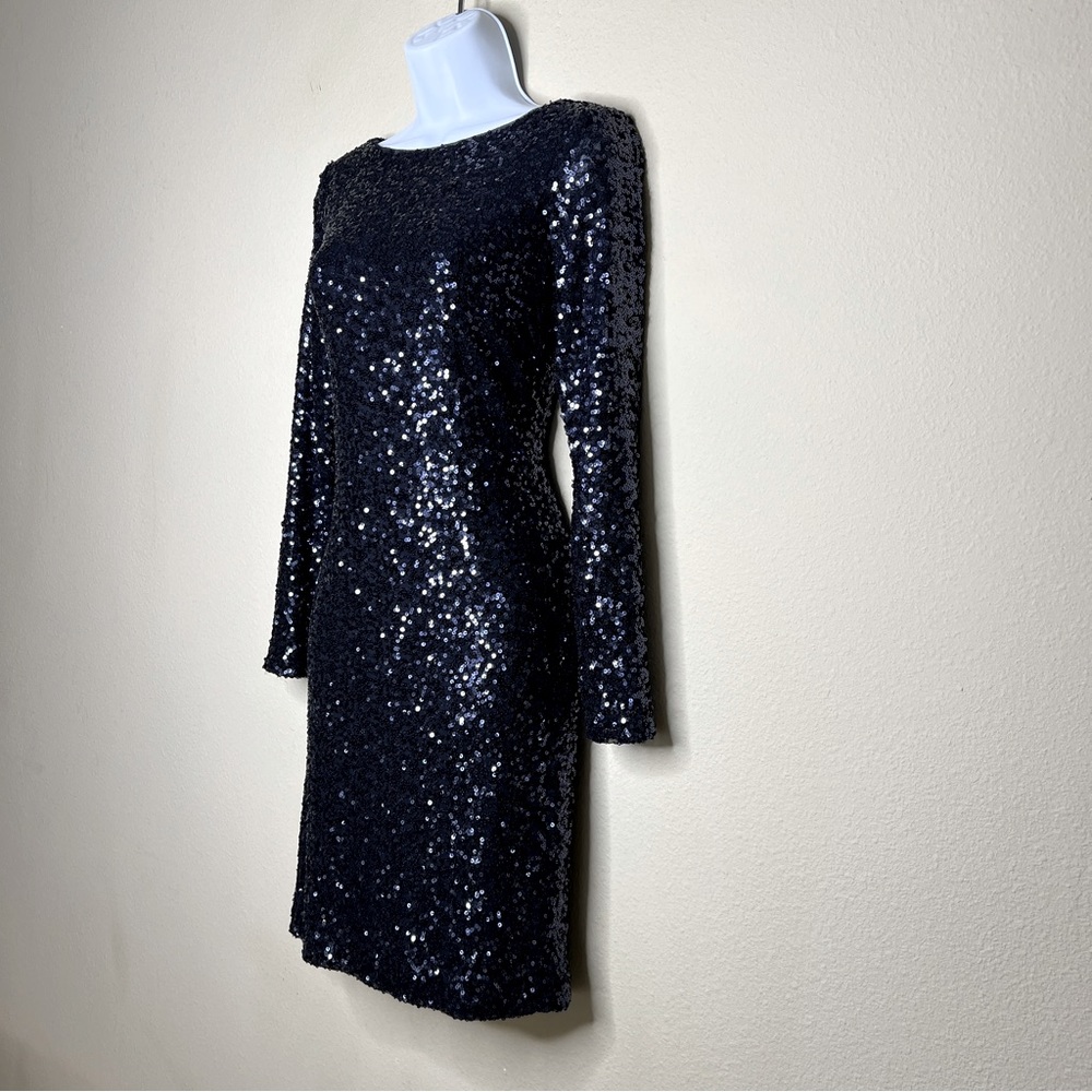 LAUREN RALPH LAUREN Navy Blue Sequin Low-Back Dress - Sz 4 - Picture 3 of 6